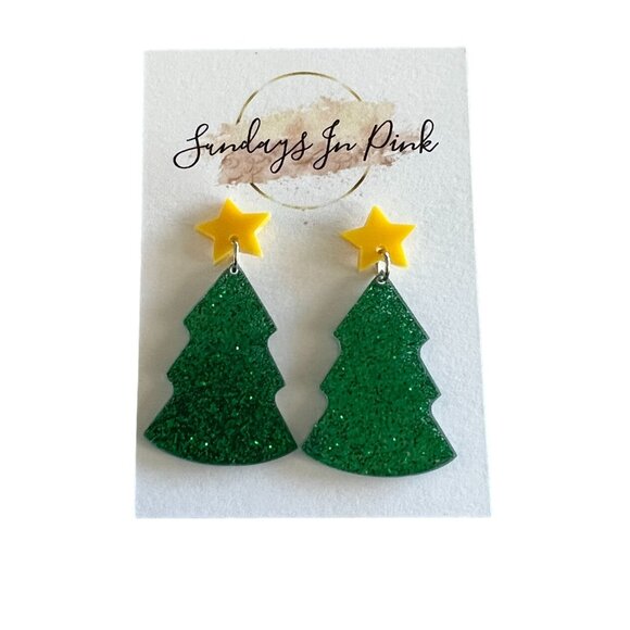CHRISTMAS Tree Glitter Holiday Drop Earrings NEW - Picture 1 of 3